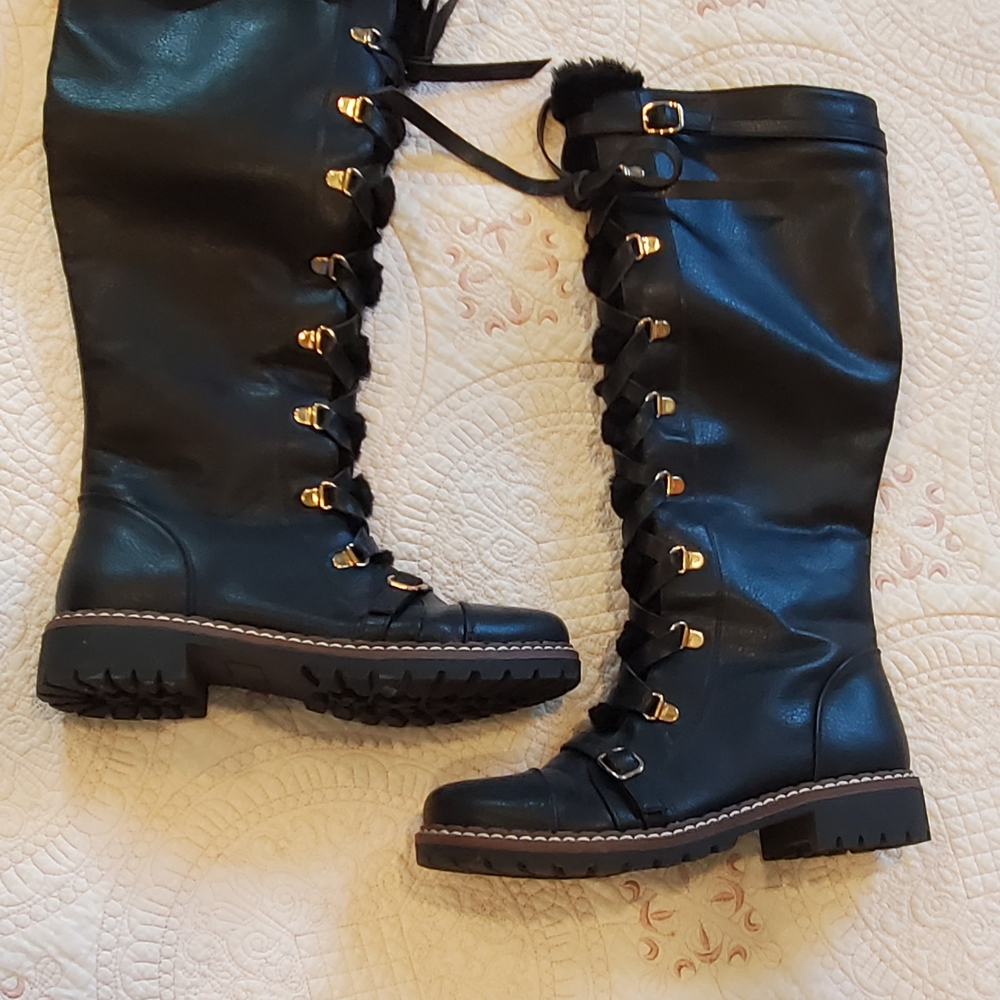 JustFab Black Lace-Up Boots with Gold Buckles